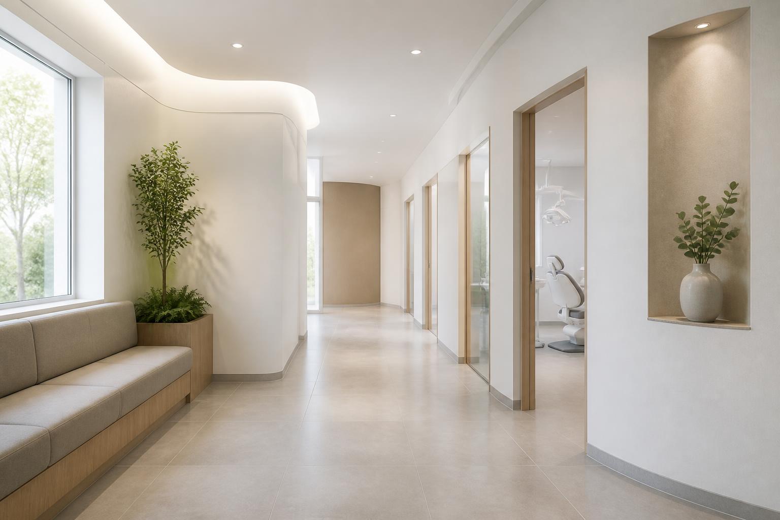 Clean dental clinic corridor with open space for text.