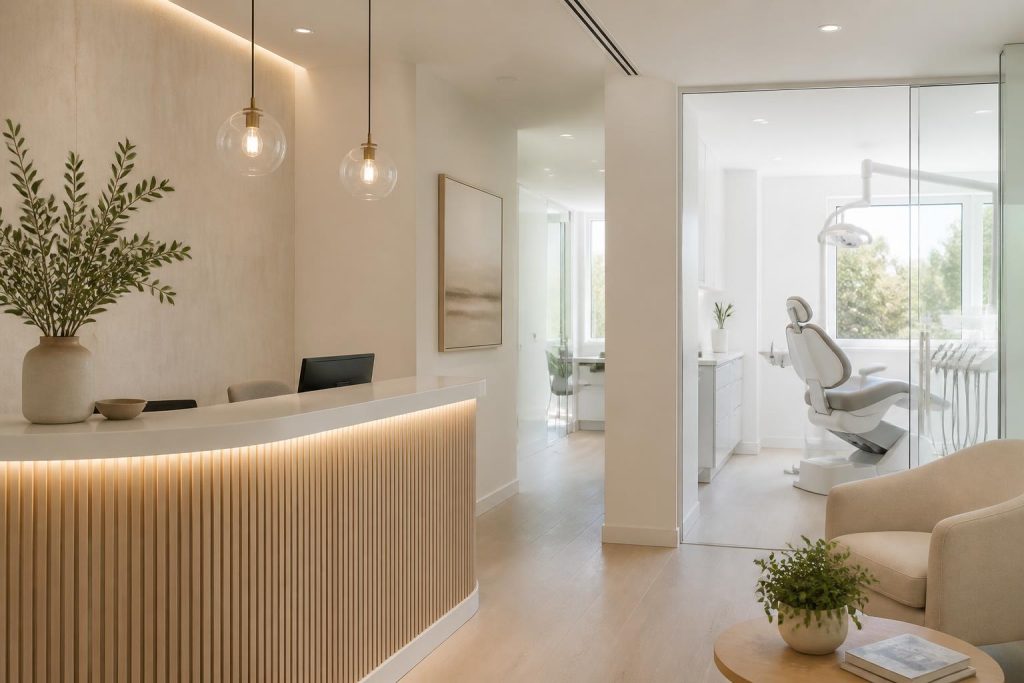 Modern dental clinic reception with bright, welcoming treatment spaces.