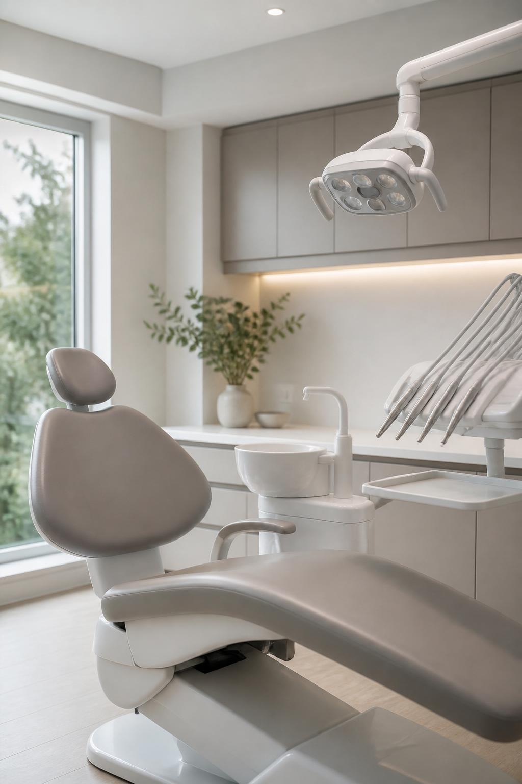 Bright dental treatment room with a neatly prepared chair.